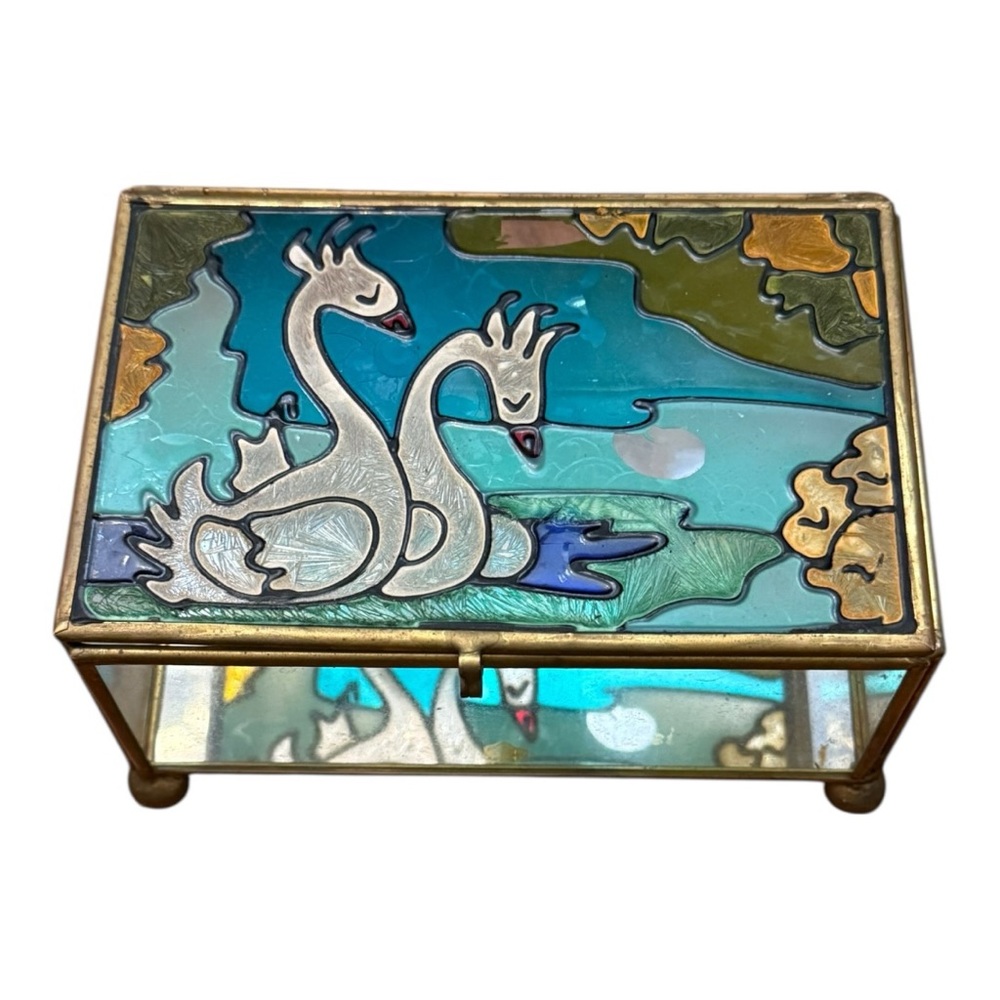 Vintage Price Products Glass Swans Jewelry Box